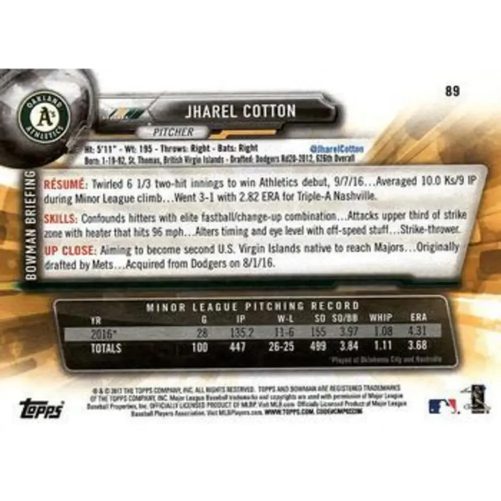 2017 Bowman Jharel CottonÂ  RC # 89 Oakland Athletics